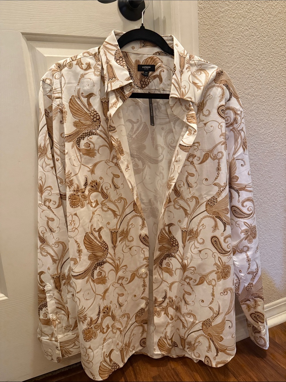 Express White & Tan Ornate Printed Button-Down Shirt